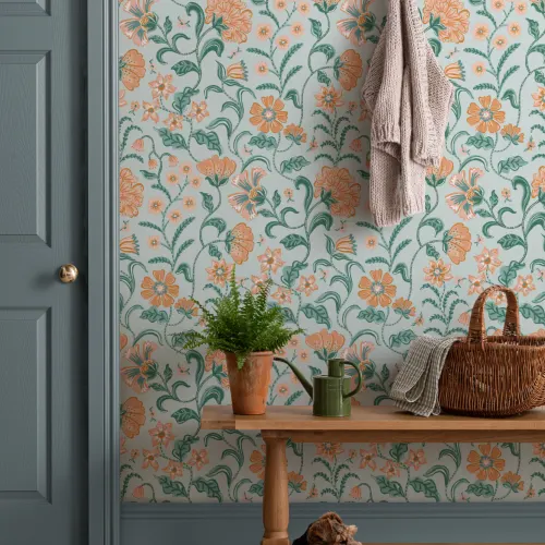 Teal Indian Style Floral Wallpaper