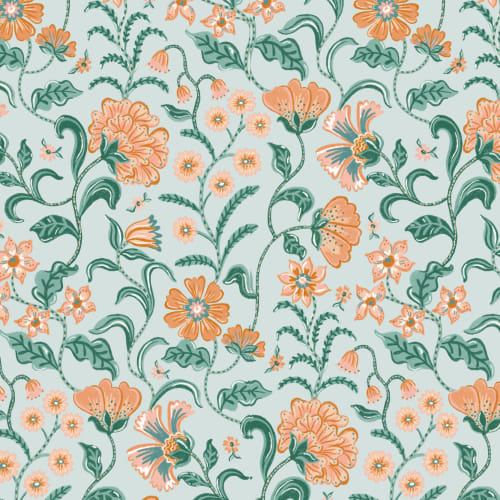 Teal Indian Style Floral Wallpaper