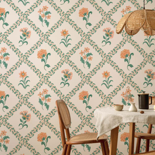 Classic Block Print Botanical Trellis Mural