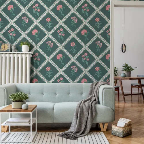 Mörk blockutskrift Botanisk Trellis Mural-tapeter