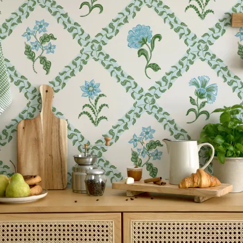 Blue Block Print Botanical Trellis Mural