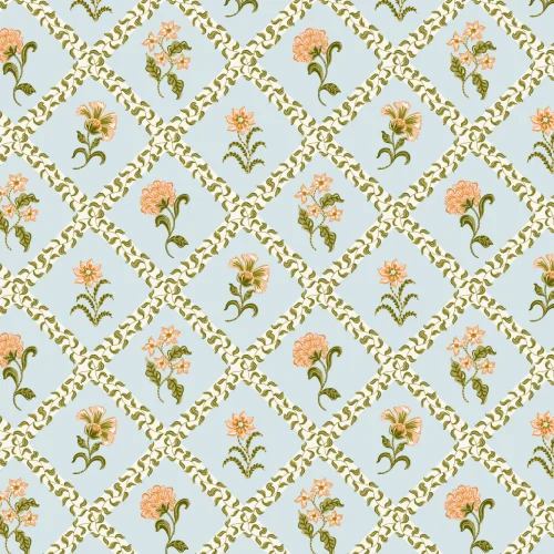Light Blue Block Print Botanical Trellis Mural