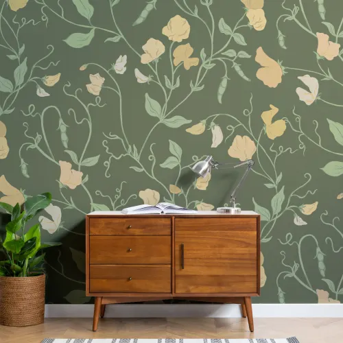 Dark Yellow Sweet Pea Floral & Vines Mural