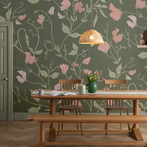 Dark Pink Sweet Pea Floral & Vines Mural