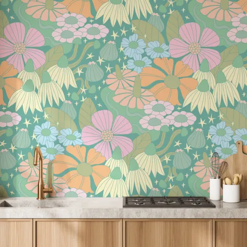 Elizabeth Olwen Cosmic Floral Green Mural