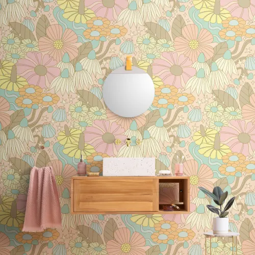 Elizabeth Olwen Kosmische bloemen pastel muurschildering