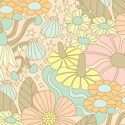 Elizabeth Olwen Kosmische bloemen pastel muurschildering