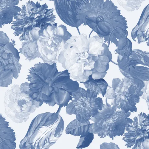 Mural de papel pintado en azul con flores a gran escala