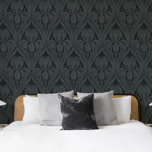 Navy Art Deco Wood Block Iris Mural