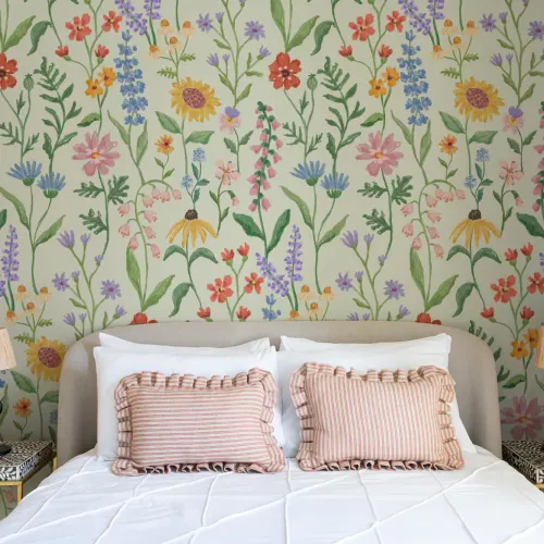 Green Hand Drawn Wildflowers Mural