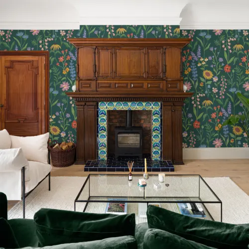 Mörkgrön handritad vildblommor Mural-tapeter
