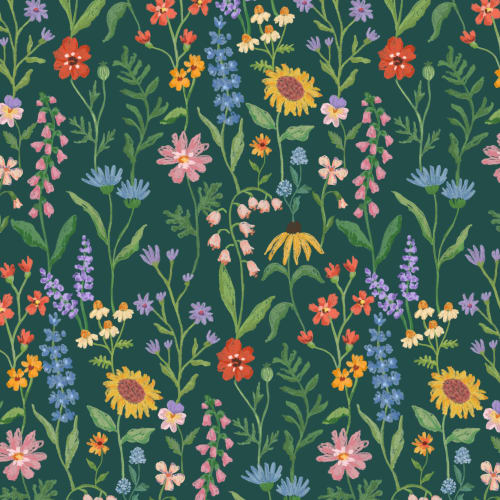 Mörkgrön handritad vildblommor Mural-tapeter