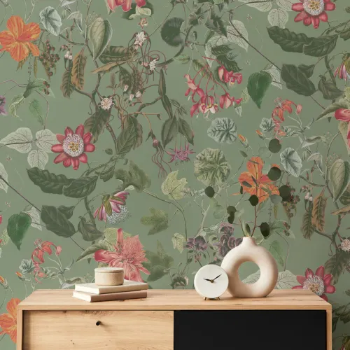 Lush Botanical Floral Wall Mural in Verdant Green