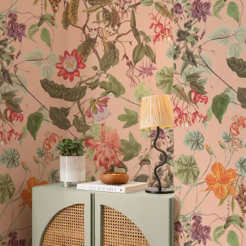 Vintage Botanical Floral Wall Mural in Soft Blush Pink