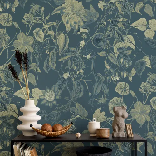 Botanische Fototapete mit Blumen in Blau