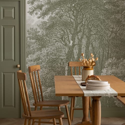 Green Tree Forest Etching Wallpaper Mural