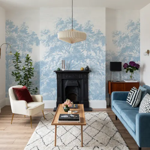 Blauw bos illustratie etsbehang muurschildering