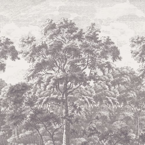 Carta da Parati con Acquaforte di Alberi di Bosco Grigia