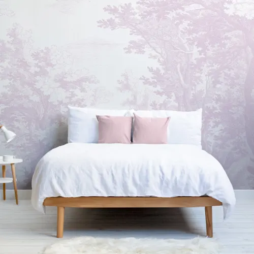 Papier Peint Panoramique Rose avec Forêt Illustrée à l’Eau Forte