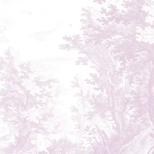 Papier Peint Panoramique Rose avec Forêt Illustrée à l’Eau Forte