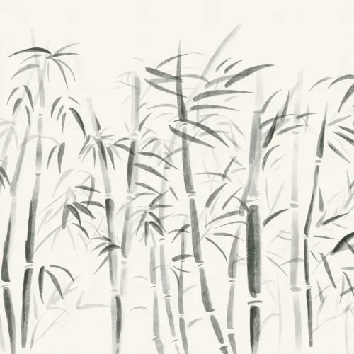 Carta da Parati Orientale Color Crema con Giardino di Bamboo Cinese all’Acquerello