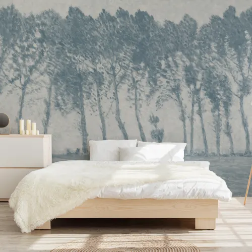 Vintage Rainy Forest Wall Mural in Atmospheric Blues
