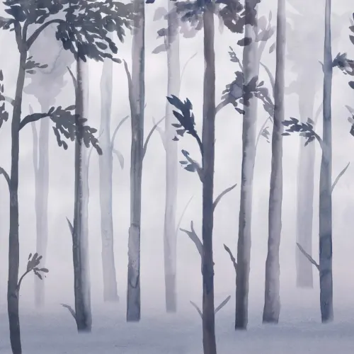 Papier Peint Panoramique Forêt Brumeuse Bleue à l’Aquarelle