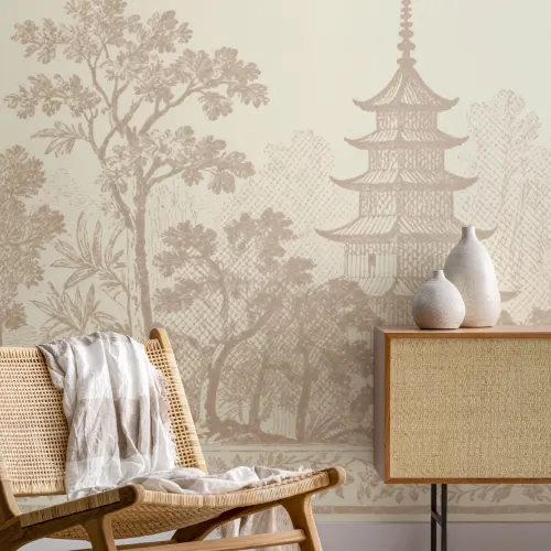 Carta da parati orientale beige Pagoda Paesaggio Serenità