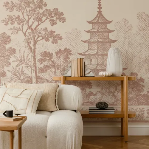 Warm Oriental Pagoda Landscape Vintage Style Mural
