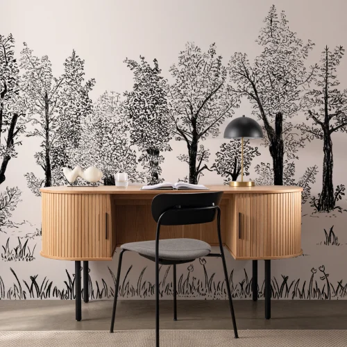 Papel pintado de bosque tradicional europeo ilustrado en negro