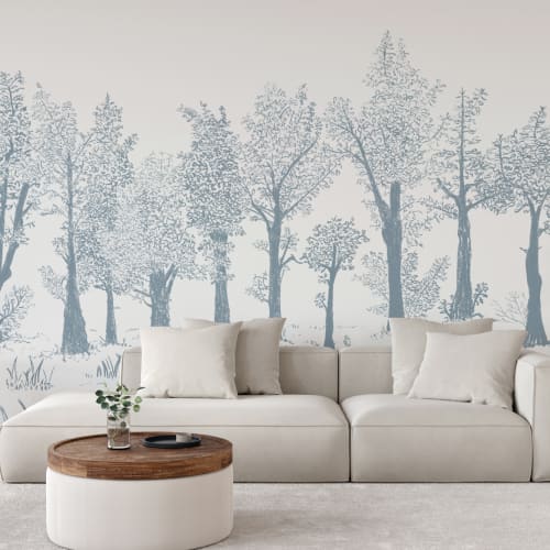 Blue Illustrated Traditional European Forest Mural