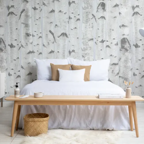 Mural Papel Pintado Madera con Árboles de Abedul Blancos sobre Fondo Azul