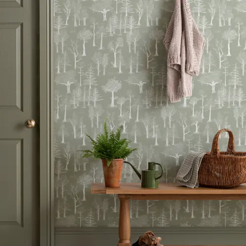 Green Illustrated Traditional Forest Wallpaper
