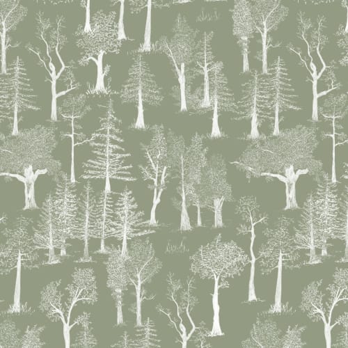Green Illustrated Traditional Forest Wallpaper
