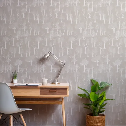 Beige Illustrated Traditional Forest Wallpaper