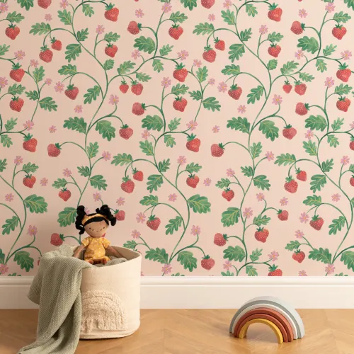 Beige Vintage vesivärit Mansikka Foliage tapetti