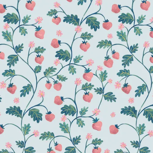 Papier peint bleu vintage aquarelle fraise et feuillage