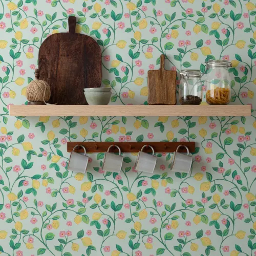 Carta da parati blu Piccoli limoni botanici