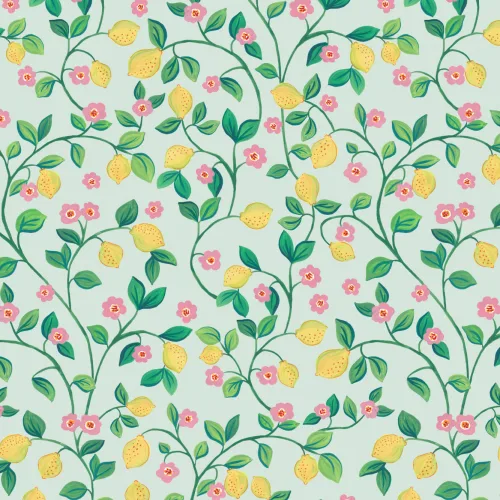 Carta da parati blu Piccoli limoni botanici