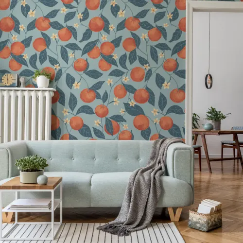 Blue Botanical Oranges Mural