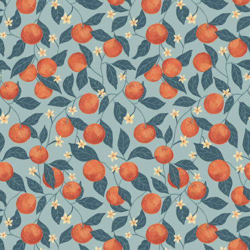 Blue Botanical Oranges Mural