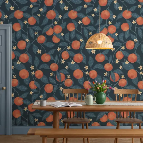 Dark Blue Botanical Oranges Mural