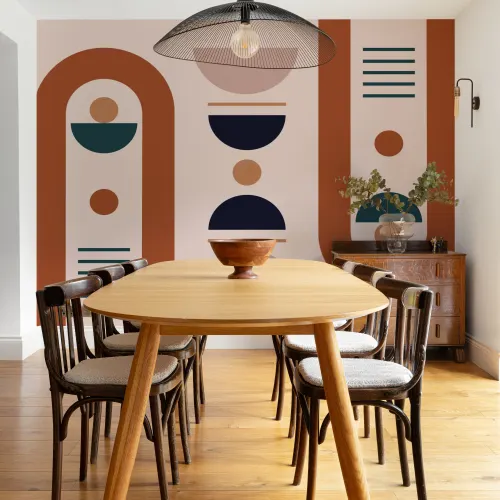 Papier Peint Panoramique Neutre avec Formes Géométriques Ondulées au Style Mid-Century Modern