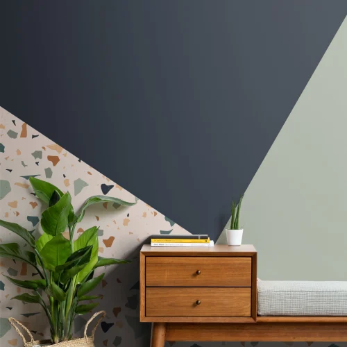 Carta da Parati Forme Geometriche in Blu Verde e Motivo Terrazzo alla Veneziana