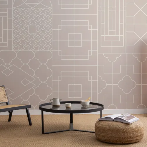 Mural Papel Pintado Formas Geométricas al Estilo Chino en Rosa Palo