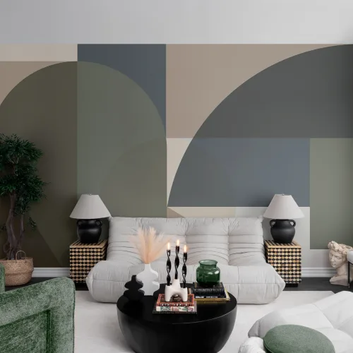 Green Geometric Contemporary Multicolor Mural For Modern Spaces