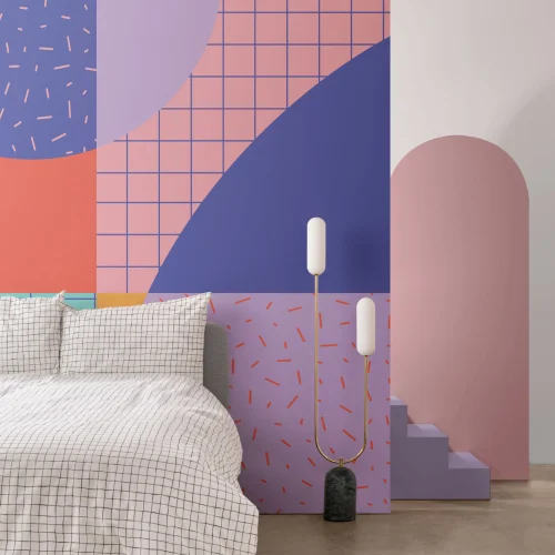 Wielokolorowa geometryczna tapeta ścienna w stylu Memphis