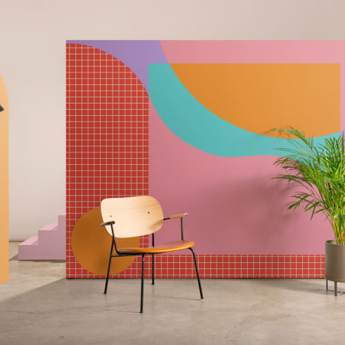 Kolorowa geometryczna tapeta ścienna w stylu Memphis