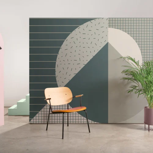 Carta da Parati Verde con Figure Geometriche in Stile Memphis