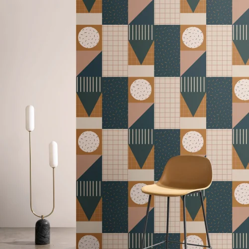 Carta da Parati Retrò con Motivo di Geometrie Memphis in Colori Terrosi e Verde Scuro
